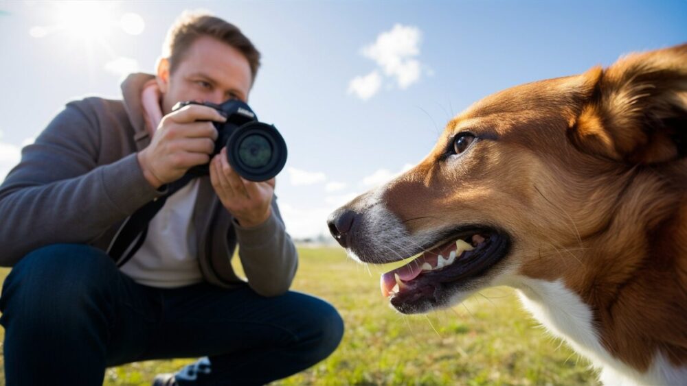 Man taking a photograph of a dog